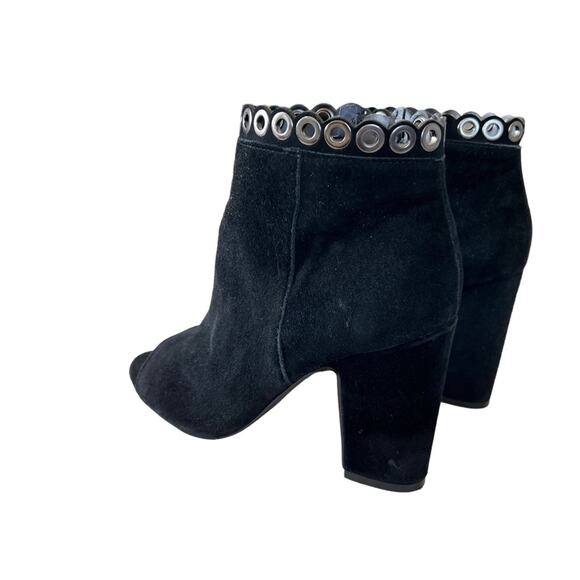 Fergie Women 6. 5 Bootie Jackie Ankle Moto Black Suede Peep toe Metal Accent Zip - Picture 4 of 10